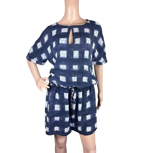 Tory Burch Erica Silk Antibes Blue White Geometric Drop Waist Dress L - Picture 2 of 11